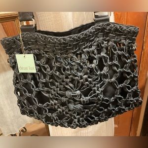 Deux Lux Black Knitted Ginuwine Leather Hobo Shoulder Bag Large NWT